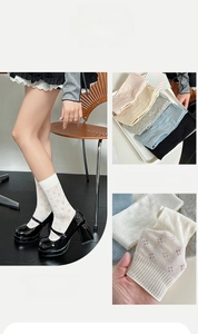 Detailed knit pattern on women's hollow crew socks with floral lace texture and ribbed cuffs