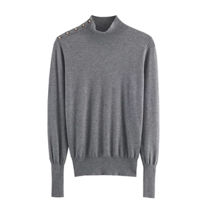 Women Mock Neck Knit Sweater Shoulder Gold Buttons Long Sleeve Solid Color Elegant Pullover Top