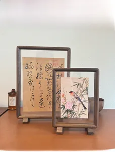 Dual-size walnut wood magnetic photo frames with double-sided glass and solid wood base