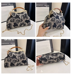 Detailed views of a vintage floral embroidery handbag with wooden handle and gold chain