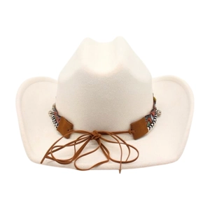 Detail of white felt cowboy hat featuring ethnic woven band and brown leather trim