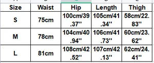 Detailed size chart for high-waisted slimming denim jeans with waist and hip measurements