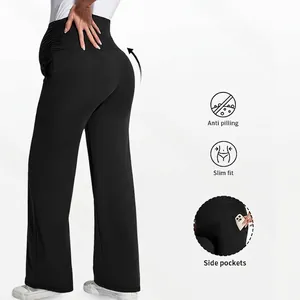 High-waisted maternity yoga pants with belly support side pockets and butt-lifting design