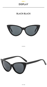 Front and 45-degree side views of black cat-eye sunglasses with elegant black lenses
