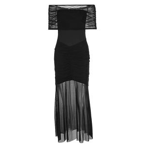 Off-shoulder mesh ruched bodycon dress in black featuring a slim fit elegant silhouette