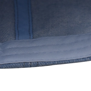 Macro detail of high-quality stitching on the blue denim baseball cap sweatband