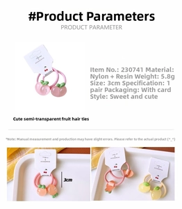 Detail showing translucent peach resin hair ties with durable nylon stretch bands