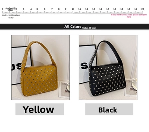 Detail view of yellow and black rivet studded handbags with punk rock metallic hardware
