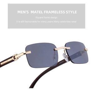 Detail of square rimless sunglasses with C-shaped metal hinge and wood grain temples