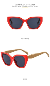 Detailed front and side views of orange cat eye sunglasses with grey polarized lenses