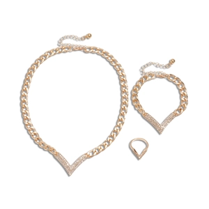 Three-piece gold plated V-shape jewelry set with sparkling rhinestones for women