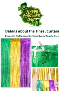 Detail of green, gold and purple tinsel curtains with adhesive backing for party decor