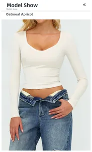 Top da yoga slim a maniche lunghe color albicocca avena con morbido scollo a U spazzolato
