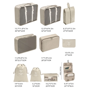 Travel luggage organizers set with dimensions in inches and cm for beige storage cubes