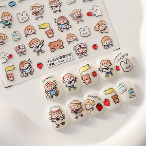 5D Relief Nail Art Stickers Self Adhesive Cute Cartoon Girl Bear Rabbit Strawberry Thin Manicure Decals For Women Girls