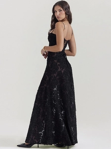 Elegant black backless evening maxi dress with floral lace and adjustable straps