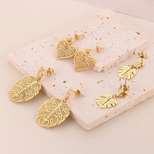 Stainless Steel Earrings 18K Gold Plated Hollow Heart Monstera Leaf Dangle Stud Jewelry For Women Trendy Chic