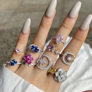 Luxurious S925 silver rings with colorful zircon heart, flower, and waterdrop designs