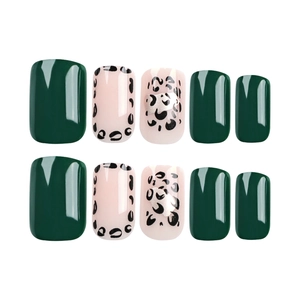 Short square press-on nails with green solid color and pink leopard print pattern