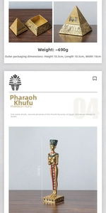 Detail of golden Egyptian pyramid storage box and pharaoh statue with dimensions