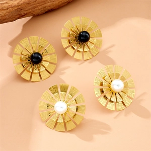 Golden sunflower earrings set featuring white pearl and black stone in stainless steel