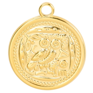 Macro shot of gold stainless steel owl coin pendant with ancient Greek AOE engraving