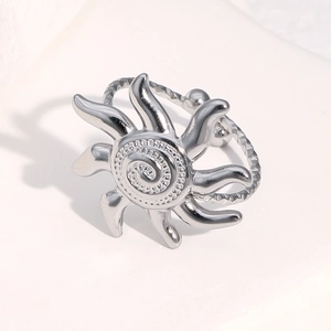 Polished silver sun-shaped stainless steel open ring with a minimalist aesthetic style