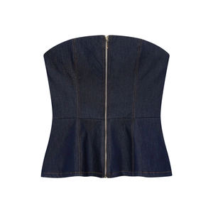 Top Tube En Jean Pour Femme Et Pantalon Évasé Bleu Foncé Coutures Contrastées Ourlet Peplum Fermeture Éclair Devant
