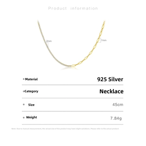 Detail specifications of S925 silver tennis and paperclip chain necklace with 45cm length
