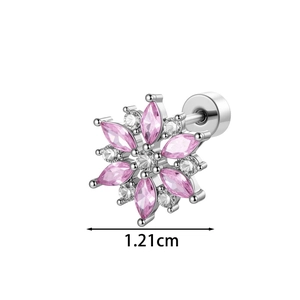 Silver snowflake ear stud featuring pink marquise zircon and clear crystals, 1.21cm width