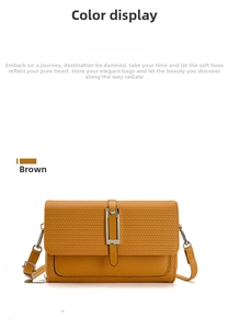 Detailed view of brown crossbody bag featuring a woven texture flap and silver metal buckle