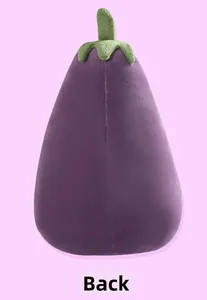 Back view of a cute plush eggplant keychain with soft purple fabric and green stem
