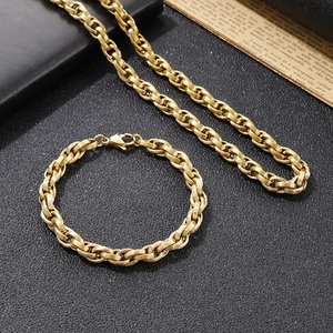 Men's gold titanium steel double link chain necklace and bracelet set on black background