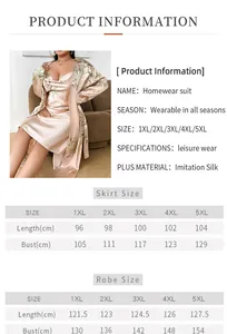 Guide des tailles pour ensemble de nuit floral en soie synthétique avec robe et nuisette