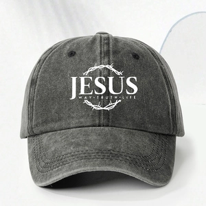 Washed black baseball cap with Jesus Way Truth Life print and a crown of thorns