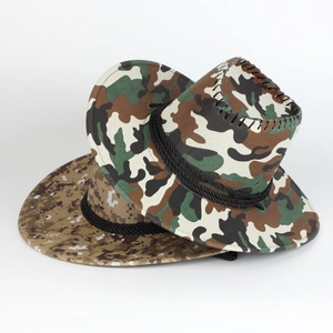Detailed view of camouflage cowboy hats featuring woodland and digital desert patterns