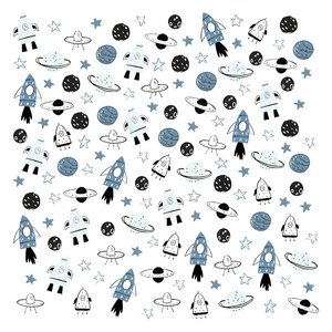 Cute space-themed wall stickers featuring blue rockets and planets for kids room decor