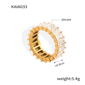 Detail view of gold-plated eternity ring with 0.8cm width and baguette-cut zircons