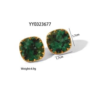 Square green turquoise stud earrings in gold stainless steel, 1.7cm size for women