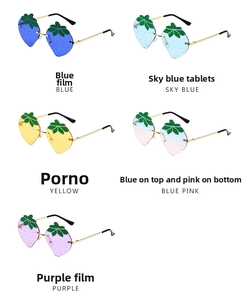 Flat lay of rimless strawberry shaped sunglasses in five assorted gradient candy colors