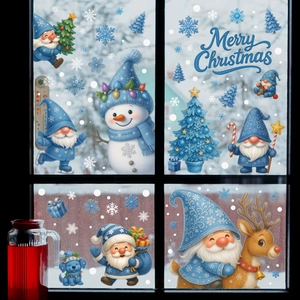 Blue Christmas window static stickers set with Santa gnomes and snowflake trees decor