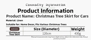 Detail of linen Christmas tree skirt with reindeer pattern and 120cm size specifications