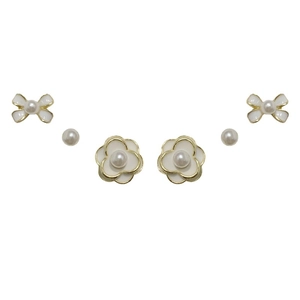 Three-pair gold pearl earring set with camellia, bow, and stud designs