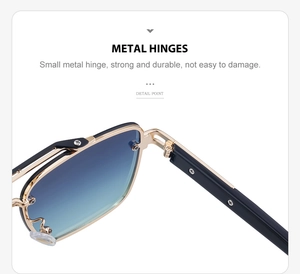 Detailed close-up of strong and durable metal hinges on rimless gradient sunglasses