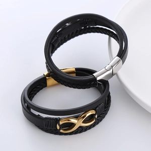 Bracciali multistrato in pelle intrecciata da uomo con simbolo infinito oro e chiusura magnetica