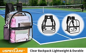 Detailed view of a transparent PVC backpack with black trim and side mesh pockets