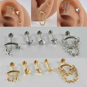 Labret En Acier Inoxydable Filetage Interne Cœur Étoile Lune Chaîne Dos Plat Boucles D'oreilles Cartilage Piercing
