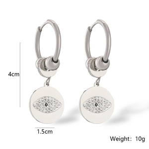 Detail view of silver Evil Eye drop earrings showing 4cm length and crystal dimensions