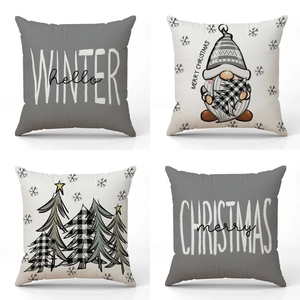 Federa per Cuscino con Stampa di Gnomi Albero di Natale e Fiocchi di Neve in Lino Copricuscino Quadrato per Divano Decorazione Invernale