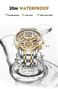 Waterproof men's watch with skeleton dial and dual-tone steel strap in water splash detail